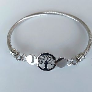 CUFF BRACELET STAINLESS STEEL SILVER -MIDDLE PIECE TREE OF LIFE -NEVER TARNISHES